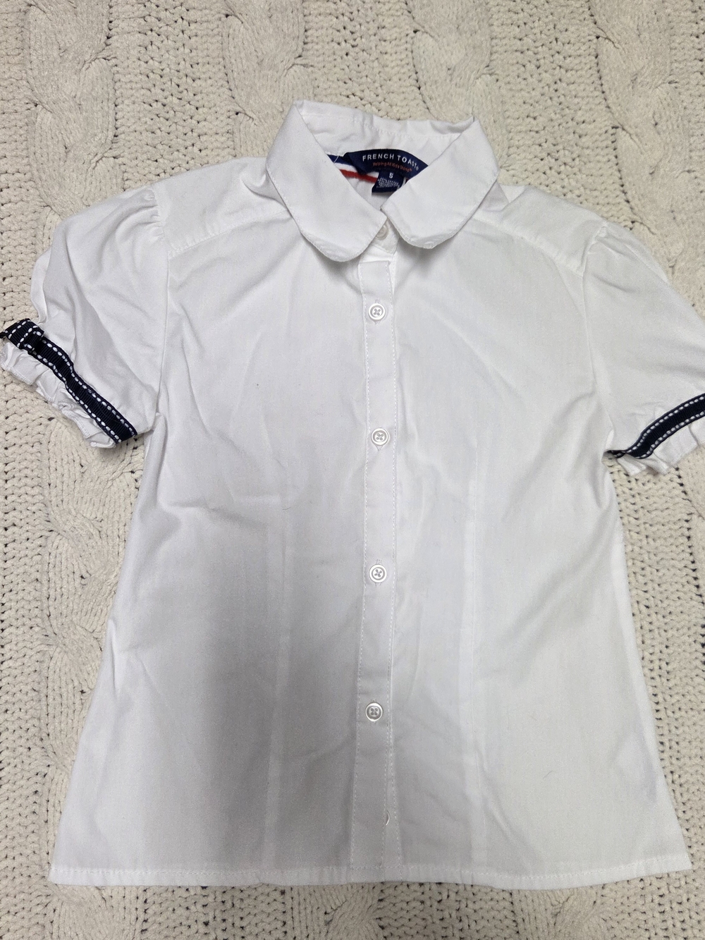 French Toast White Short Sleeve Uniform Button-Front Shirt with Navy Trim